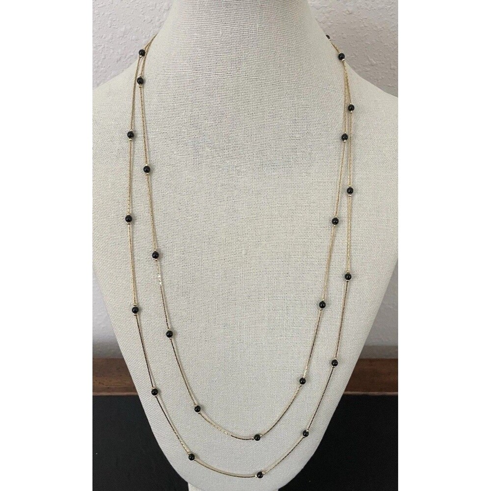 Elegant Gold Tone Station Necklace Faux Black Pearl Double Strand For Women